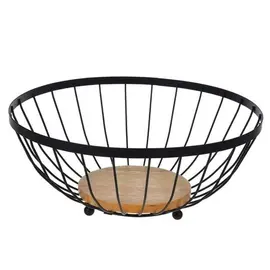 Mbajtëse frutash metalike e zezë me bazë druri Ø28.5x12cm
