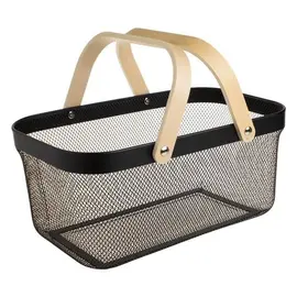 Shportë metalike drejtkëndore e zezë me doreza druri 39.5x24x18.5cm