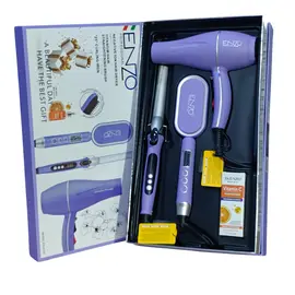 Set Stilimi Flokësh ENZO Professional Purple me Tharëse, Pjaster, Kaçurrel dhe Furçë Drejtuese