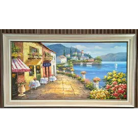 Pikturë Peisazh Mesdhetar me Liqen, Shtëpi Gurësh dhe Lule – 140×80 cm