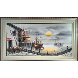 Pikturë Moderne Peisazh Detar me Varka dhe Perëndim Dielli – 140×80 cm