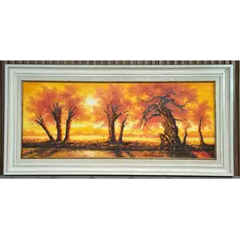 Pikturë Artistike Peisazh Vjeshte me Pemë dhe Ngjyra të Ngrohta – Art Dekorativ Panoramik 140×80 cm