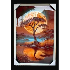 Pikturë dekorative artistike me pemë dhe hënë të artë mbi ujë 70×90 cm, kornizë elegante