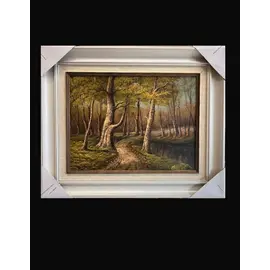 Pikturë dekorative peizazh pyjor me shteg dhe lumë 40×50 cm, kornizë elegante