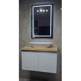 Mobilje Banjo MDF me PVC 80cm Bona + Lavaman 60cm Sistema Y Soft + Pasqyre LED 60x90cm 4603A