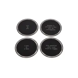 Coaster set / 10 cm / Rreth / Porcelan / Fushe e zeze me diameter te bardhe + Tekst i bardhe