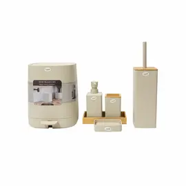 Set Aksesore Banje Luere 6 Pjesë, Bezhe me Detaje Druri – Dizajn Modern Minimalist