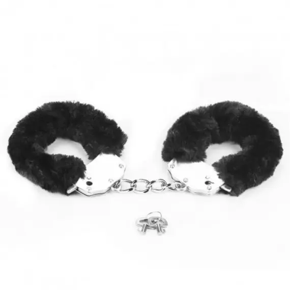 Black metal furry handcuffs