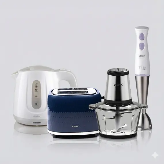 Set Pajisjesh Kuzhine Vivax 4-in-1 – Blender SB-400WP, Ibrik Elektrik WH-103WB, Toster Vertikal TS-950B & Grirëse MC-3501