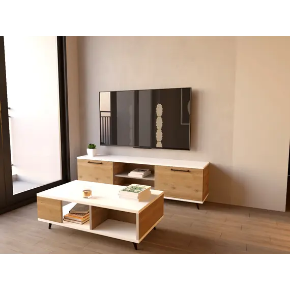 Mobilje VIVIENNE Dollap TV për dhomë ndenjeje + Tavolinë klubi Atlantik/i bardhë