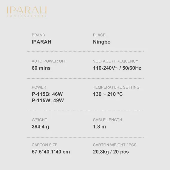 Pjaster Flokësh IPARAH P-115B 2në1 Profesionale me Pllaka të Gjera Qeramike, LED Display dhe Auto Shut-Off, 6 imazh