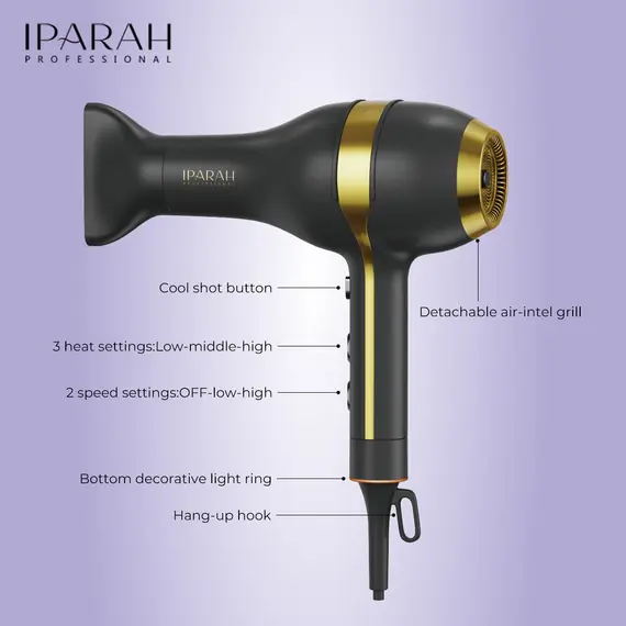 Tharëse Flokësh Profesionale IPARAH P-342 2200W me Teknologji Jonike, Cool Shot dhe Motor AC (Black & Gold), 3 imazh