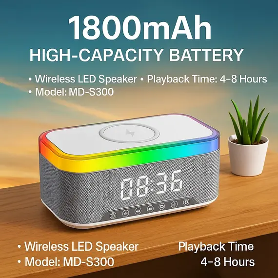 Boks Bluetooth MD-S300 me Orë Alarm LED, Karikim Wireless 15W dhe Dritë Ambienti, 2 imazh