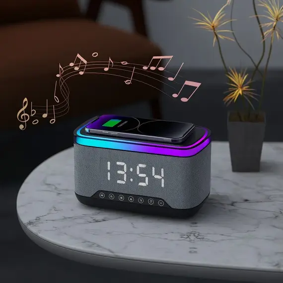 Boks Bluetooth MD-S300 me Orë Alarm LED, Karikim Wireless 15W dhe Dritë Ambienti, 3 imazh