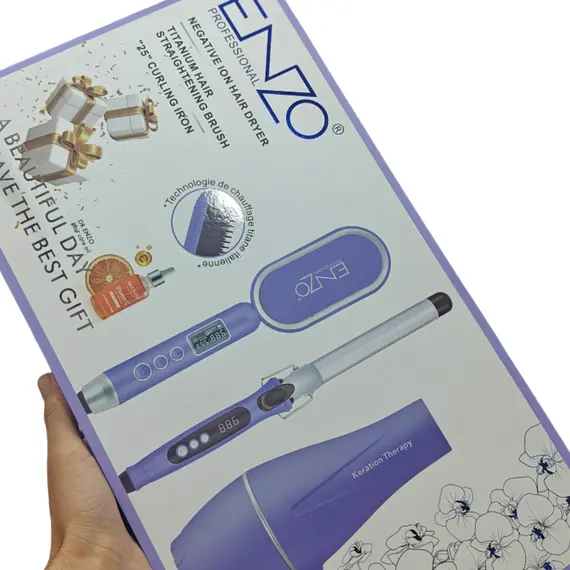 Set Stilimi Flokësh ENZO Professional Purple me Tharëse, Pjaster, Kaçurrel dhe Furçë Drejtuese, 2 imazh