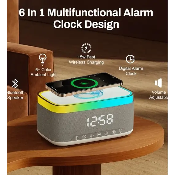 Boks Bluetooth MD-S300 me Orë Alarm LED, Karikim Wireless 15W dhe Dritë Ambienti
