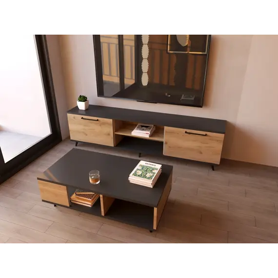 Mobilje VIVIENNE Dollap TV për dhomë ndenjeje + Tavolinë klubi Atlantik/i bardhë, 2 imazh