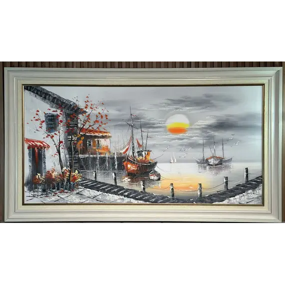 Pikturë Moderne Peisazh Detar me Varka dhe Perëndim Dielli – 140×80 cm