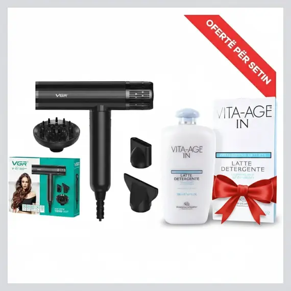 Set Tharëse Flokësh VGR V-427 1900W BLDC 110000 RPM + Qumësht Pastrues Bottega di LungaVita Vita-Age Dhuratë