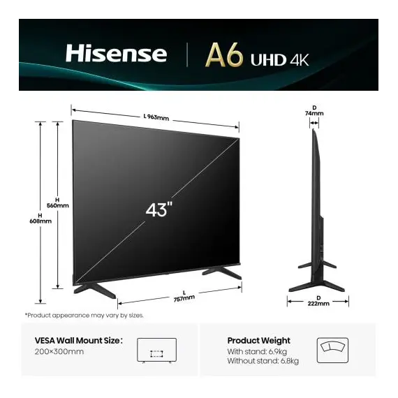 Televizor 43″ Hisense 43A6Q 4K UHD Smart VIDAA HDR10+ Dolby Vision, 2 imazh