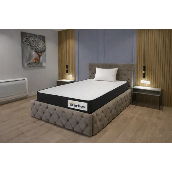 Krevat Royal – Ngjyre kafe e hapur / Dyshek Starflex 19x90x190cm / Jastëk Komfort 40x60 cm