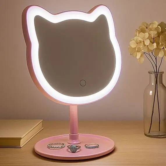 Pasqyrë me ndriçim me 31 LED në formë maceje, ngjyrë perlë rozë 19x18x30cm