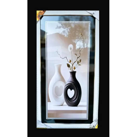 Pikturë dekorative moderne me vazo minimaliste bardhë e zezë 35×65 cm, kornizë elegante