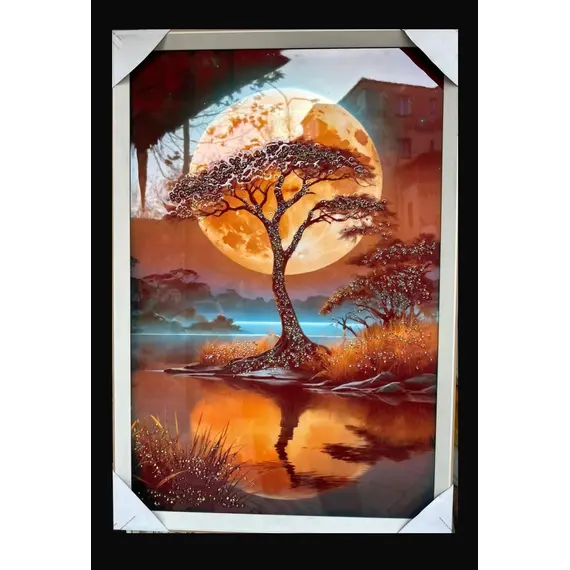 Pikturë dekorative artistike me pemë dhe hënë të artë mbi ujë 70×90 cm, kornizë elegante