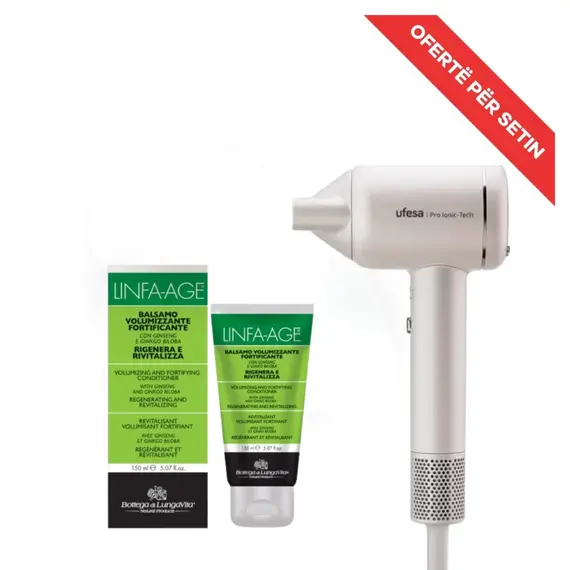 Tharese Flokesh Ufesa BLDC PRO Iconic Tech + Krem forcues dhe volumizues Bottega di LungaVita Linfa Age