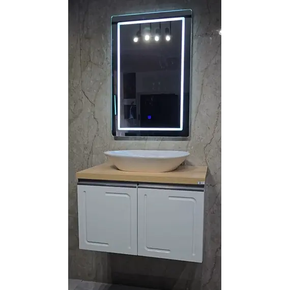 Mobilje Banjo MDF me PVC 80cm Bona + Lavaman 60cm Sistema Y Soft + Pasqyre LED 60x90cm 4603A