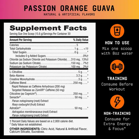 Beyond Raw LIT V2 Pre-Workout Passion Orange Guava energji dhe pump 30 porcione, 4 imazh