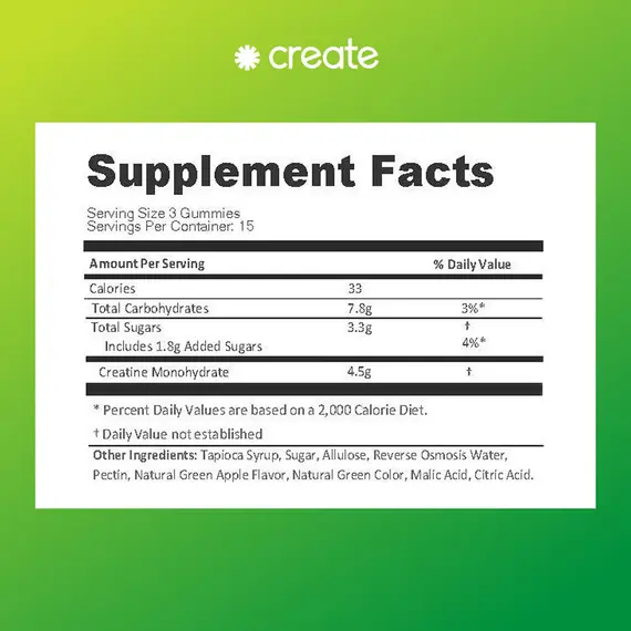 Creatine Monohydrate Gummies Sour Green Apple 45 gummies suplement për energji dhe forcë muskulore, 3 imazh