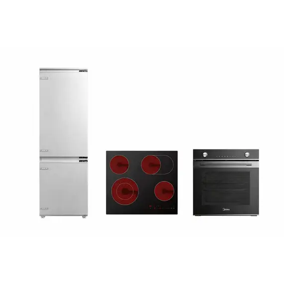 Set Frigorifer Midea KG178SENF 248L No Frost Incasso Klasa E + Furre Midea MO 713 TDE BK 72L A+ + Pianure Midea MCH722F220K0 60cm