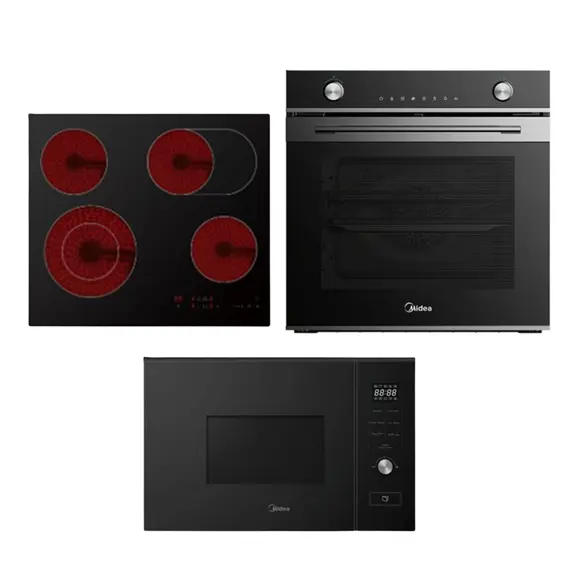 Set Furrë Inkaso Midea MO 713 TDE BK 72L A+ 60cm + Pianurë Midea MCH722F220K0 4 Vatra 60cm + Mikrovalë Midea MBMTG820H-BK 800W