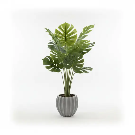 Vazo Qeramike e Bardhë me Lule Artificiale me Gjethe të Mëdha