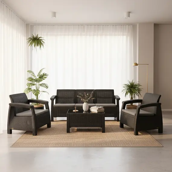 Set Outdoor Nera, Tavoline + Kolltuk 3+2+1+1+Shilte,Ratan Plastike,Antracit, 2 imazh