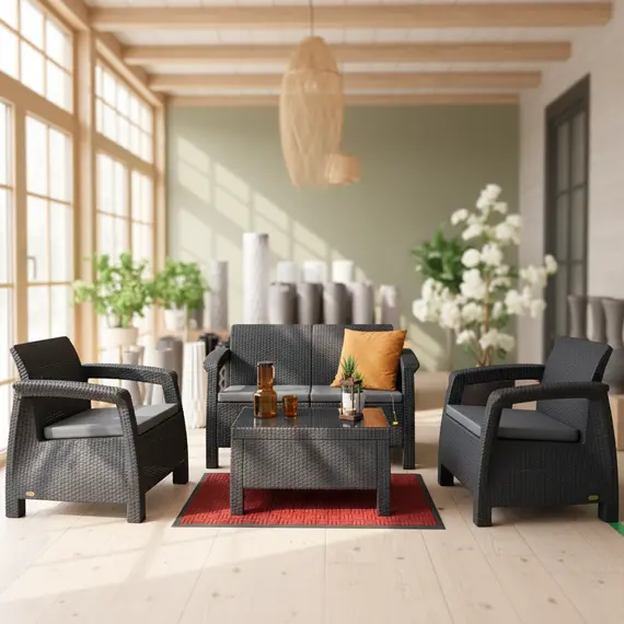 Set Outdoor Nera, Tavoline + Kolltuk 2+1+1+Shilte,Ratan plastike,Antracit, 2 imazh