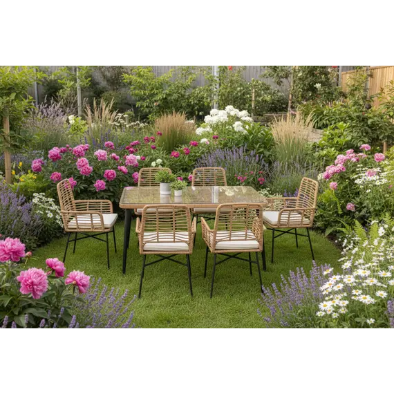 Set outdoor Stary me 6 karrige dhe tavolinë xhami për ambient ngrënieje, 2 imazh