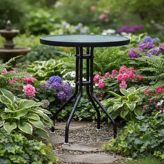 Tavolinë rrumbullake Napoli me xham dhe strukturë metalike për ambiente të jashtme, 2 imazh