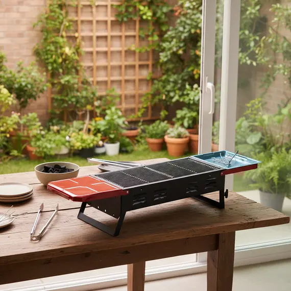 Zgarë barbekju me thëngjij me këmbë të palosshme dhe tabaka anësore, 2 imazh