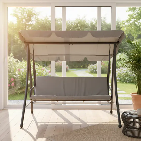 Lëkundëse për oborr me tendë 3 vende me jastëk dhe strukturë metalike, 2 imazh