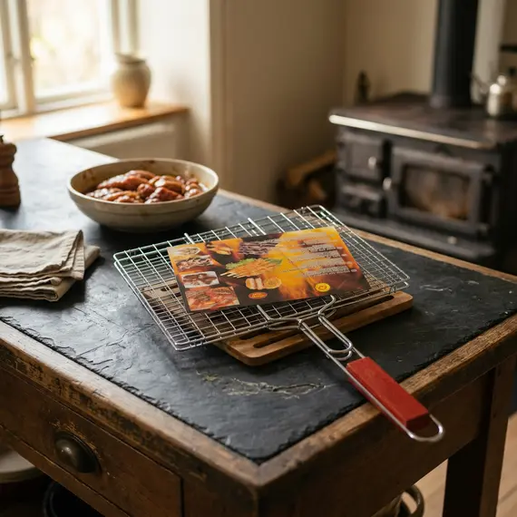 Zgarë dore për barbekju 30x40 cm me dorezë druri për pjekje në skarë, 2 imazh