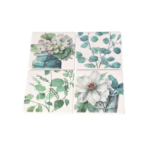 Coaster set / 10 cm / Katror / Porcelan / Ilustrim Lule + Gjethe