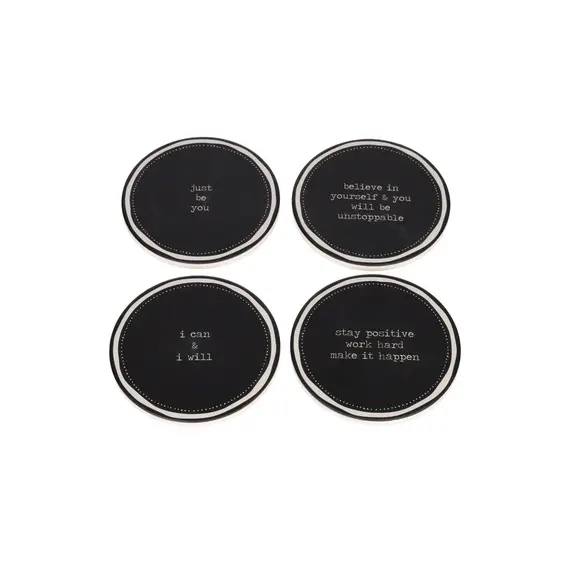 Coaster set / 10 cm / Rreth / Porcelan / Fushe e zeze me diameter te bardhe + Tekst i bardhe