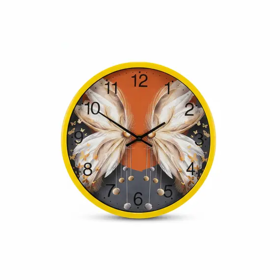 Ore Muri Analoge me Kornizë të Verdhe dhe Dizajn Fluturash