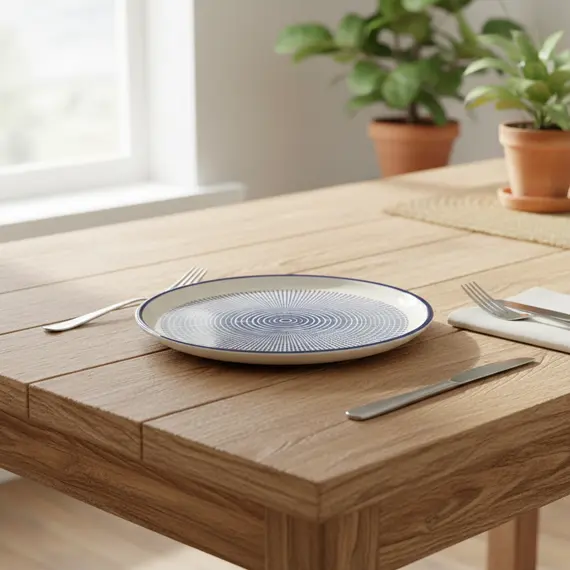 Pjatë Ëmbëlsire Porcelani 15cm Bardhë-Blu me Model Gjeometrik, 2 imazh