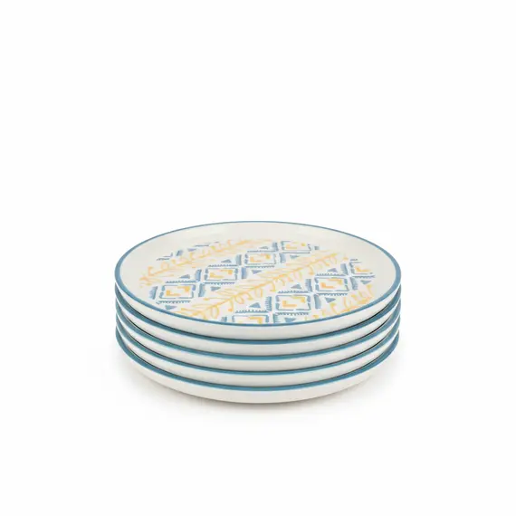 Pjatë Ëmbëlsire Porcelani 15cm Verdhe-Blu me Ornament Dekorativ