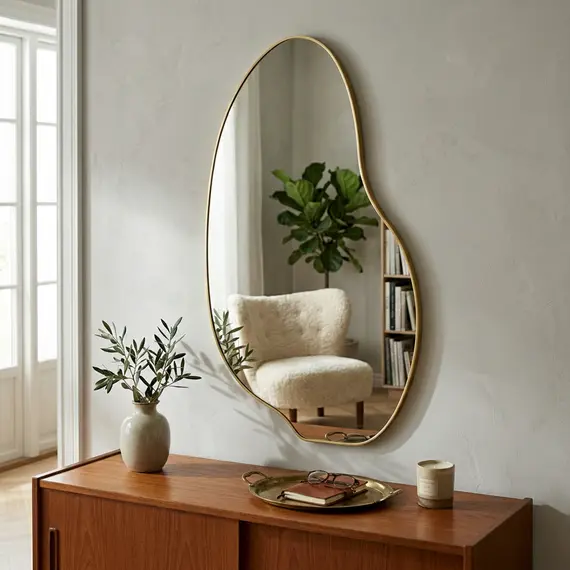 Pasqyrë Ovale me Kornizë të Bardhë dhe Kontur Shtrembër për Mur, 2 imazh