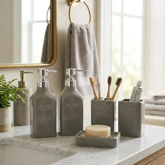 Set Aksesore Tualeti 5 Copë, Qeramikë Gri “LE BAIN”, 2 imazh