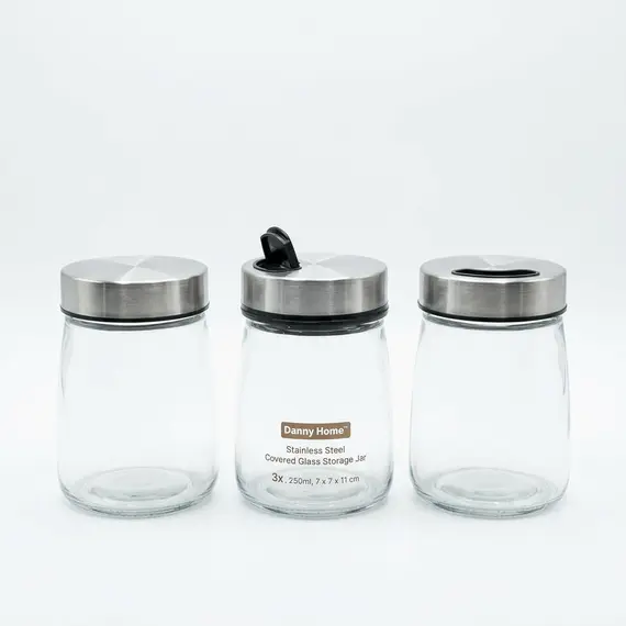 Set 3 Kavanozë Qelqi me Kapak Inoksi Danny Home 250 ml për Kuzhinë